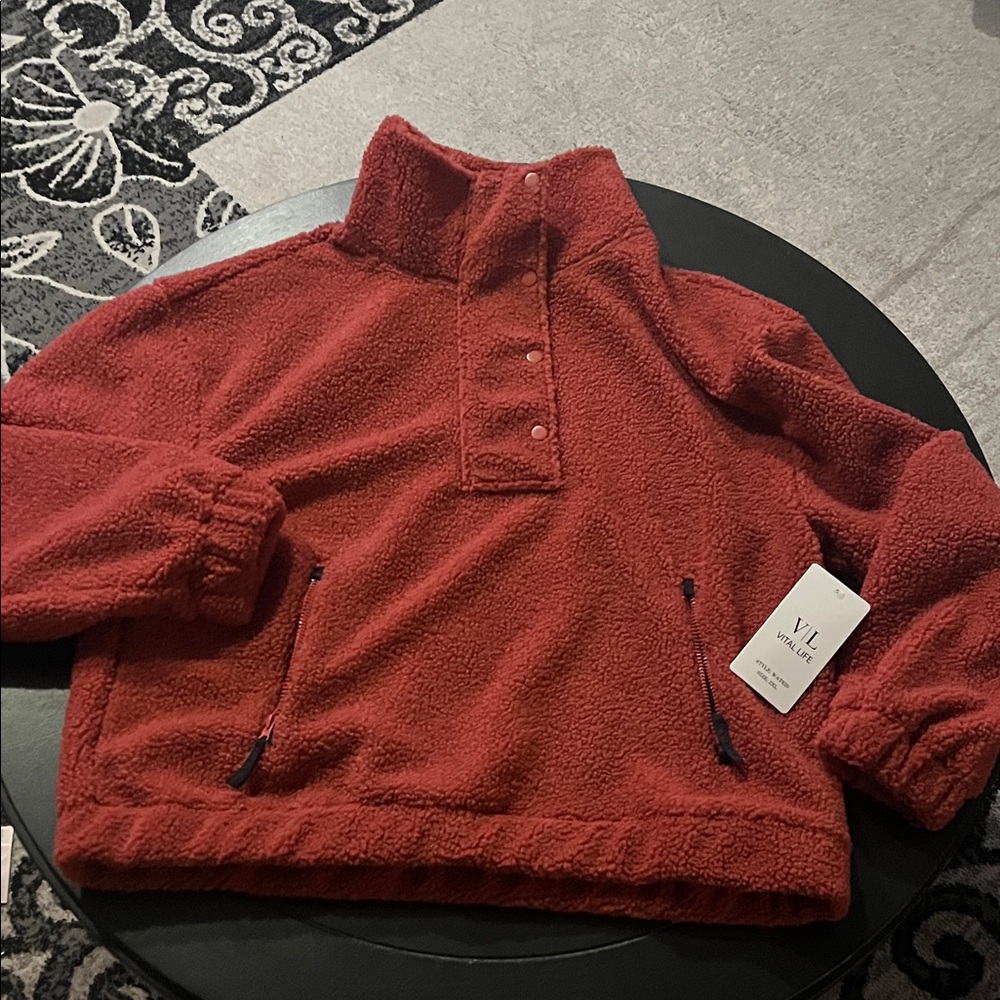😻PLUS SIZE Rust colored Fleece Pullover with Button Collar